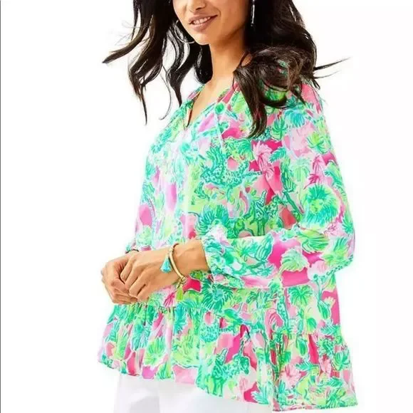 Lilly Pulitzer NWT Tensley Silk Top Raz Berry Catty Shack $128 Size XXS - Picture 9 of 14